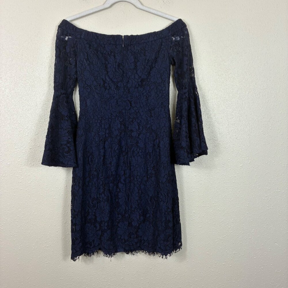 Trina Turk Akamai Lamai Navy Lace Dress M Off Shoulder Bell Sleeve Whimsigoth